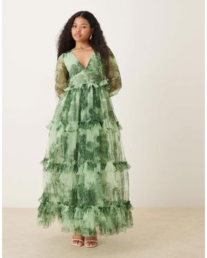 LACE & BEADS Lace And Beads Petite Tulle Plunge Neck Sheer Sleeve Tiered Maxi Dress - Green