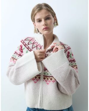 Miss Selfridge Cardigan mit reißverschluss, stehkragen und norwegermuster - Grau