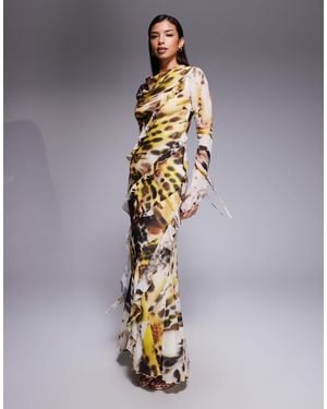 DASKA Chiffon High Cowl Neck Frill Detail Maxi Dress - Metallic