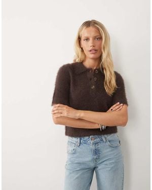Brave Soul Short Sleeve Fluffy Polo Collar Jumper - Brown