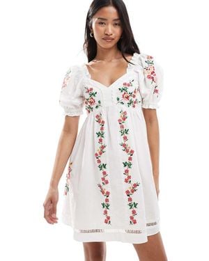 Miss Selfridge Embroidered Mini Babydoll Dress - White