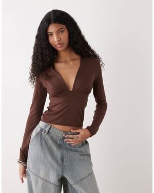 Collusion Deep V Slinky Long Sleeve Top - Brown