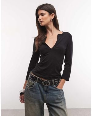 Weekday Top Con Scollo A V E Maniche A Tre Quarti - Nero