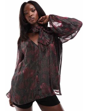 Finding Friday Printed Metallic Long Sleeve Blouse With Tie Neck - Red