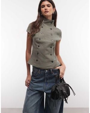 Weekday Top Testurizzato Con Collo Alto E Bottoni - Marrone