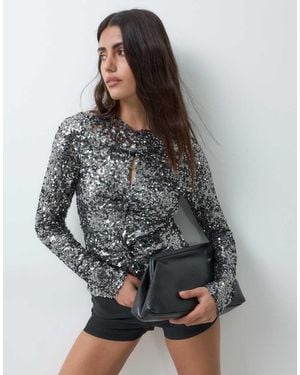 ASOS Top Con Paillettes, A Maniche Lunghe, Con Davanti Intrecciato - Grigio