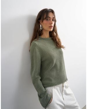 TOPSHOP Knitted Long Sleeve Top With Roll Hem Trims - Green