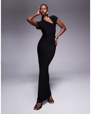 Fashionkilla Double Sculpted Slinky Cap Sleeve Slit Maxi Dress - Blue