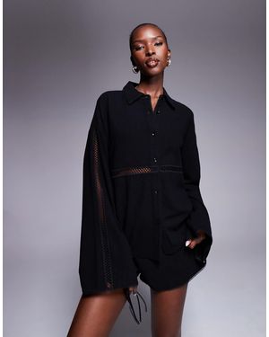 The Frolic Exclusive Linen Blend Lace Trim Button Front Shirt Co-ord - Blue