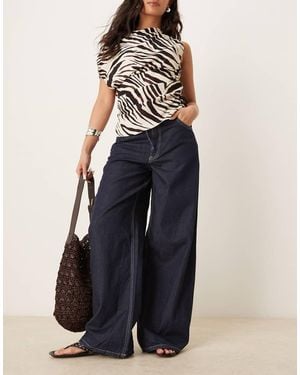 Mango Linen Mix Denim Look Elasticated Waist Wide Leg Trouser - Blue