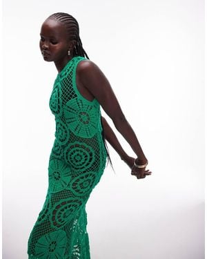 TOPSHOP Knitted Crochet Sleeveless Midi Dress - Green