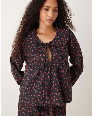 Glamorous Ruffle Pajama Shirt And Pants - Red