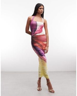 AFRM – indina – neckholder-midikleid aus netzstoff mit rosa blumenmuster - Rot