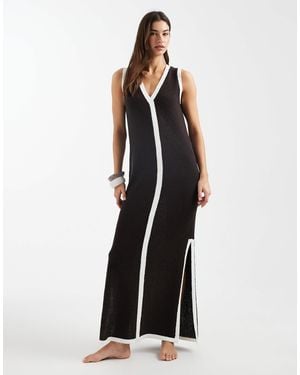 4th & Reckless Knitted Contrast Trim V Neck Beach Maxi Dress - Blue