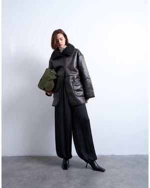 TOPSHOP Shearling Oversized Patch Pocket Mid Length Funnel Neck Car Coat - Black