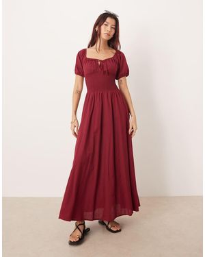 esmé studios Vestido Playero Largo Rojo Cereza Con Mangas Abullonadas Y Lazada Delantera De Esmee-Morado