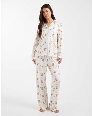 Threadbare Button Down Super Soft Pajama Set With Bear Print - White