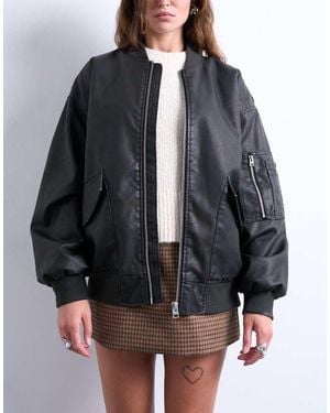 TOPSHOP Faux Leather Washed Ma1 Bomber Jacket - Black