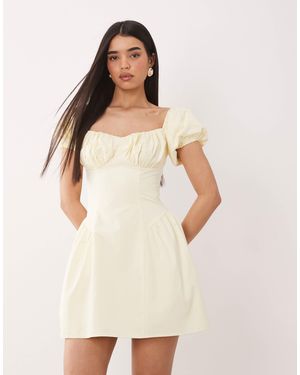 Kaiia Exclusive Cotton Milkmaid Puff Sleeve Hip Pleat Detail Mini Dress - Natural