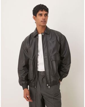 ASOS Oversized Real Leather Bomber Jacket - Gray