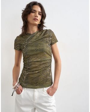 TOPSHOP Mesh Ruched Wrap Short Sleeve Top - Green