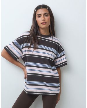 4505 Schweres oversize-baumwoll-t-shirt mit rosa-braunem streifenmuster - Grau