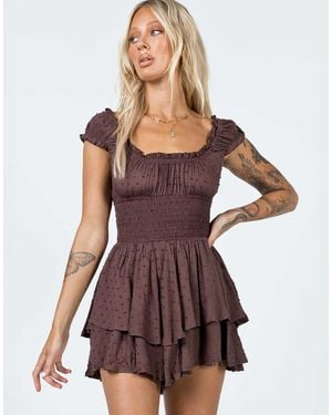 Princess Polly Love Galore Textured Mesh Shirred Off The Shoulder Ruffle Trim Romper - Brown