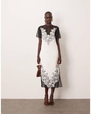 ARRANGE Satin Lace Applique Embroidered Column Midi Dress - Natural