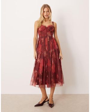 LACE & BEADS Midi Jurk Van Tule Met Korset En Bloemenprint - Rood