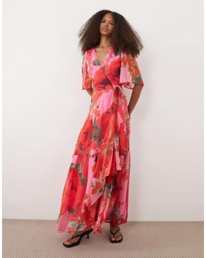Hope & Ivy Flutter Sleeve Tie Waist Maxi Wrap Dress - Red