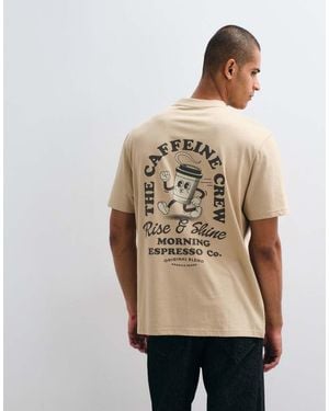 Threadbare Caffeine Crew T-Shirt Met Print Op De Rug, Relaxed-Fit, Stone - Naturel