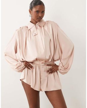 Noughts & Kisses Satin High Neck Extreme Drape Balloon Sleeve Playsuit - Natural