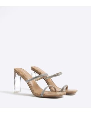 River Island Wide Fit Diamante Strap Heeled Sandals - Natural