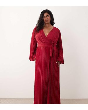 Tfnc Plus Vestido Largo Plisado De Manga Larga Con Diseño Cruzado De Jacquard - Rojo