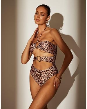 South Beach Printed Ring Detail Halter Swimsuit - Brown