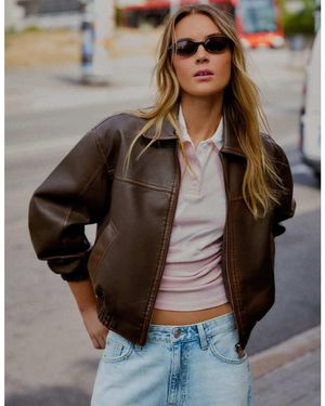 Bershka Faux Leather Oversized Jacket - Blue