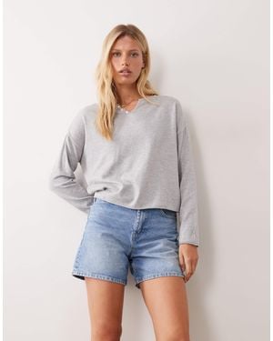 Mango Teen V Neck Button Detail Long Sleeve Knitted Top - Blue