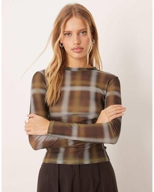 ASOS Gauzy Sheer Check Printed Long Sleeve Top - Brown