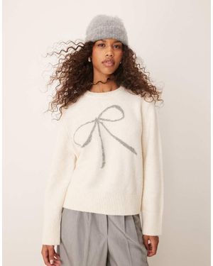 Abercrombie & Fitch Crewneck Knit Jumper With Bow - Natural