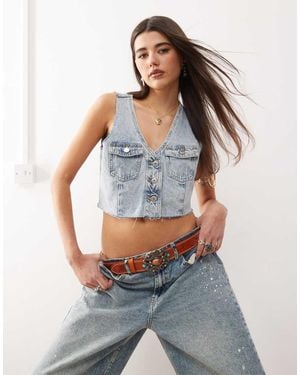 Monki Denim Cropped Waistcoat - Grey
