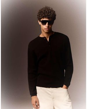 Bershka Slim Fit Long Sleeve Henley T-shirt - Black