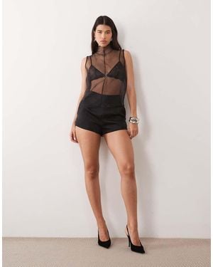 Noughts & Kisses Blanca Bonded Satin High Waisted Shorts - Natural