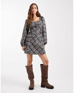 Daisy Street Puff Sleeve Shirred Mini Dress - Gray