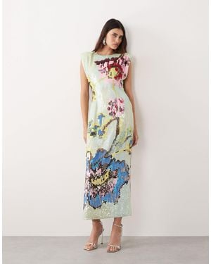 ARRANGE High Neck Printed Sequin Maxi Dress - Blue