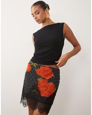 Never Fully Dressed Maeva Satin Mini Skirt With Lace Trim Hem - Black