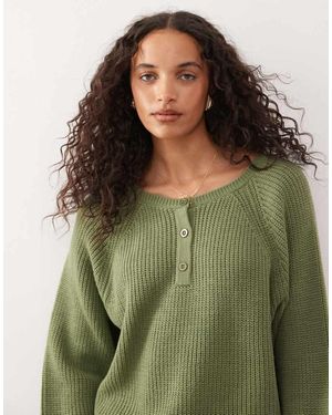 Collusion Raglan Button Up Knit Jumper - Green