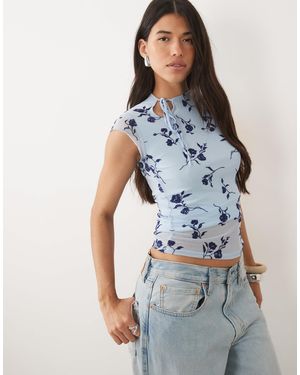 Motel Jiwon Tie Neck Flocked Top - Blue