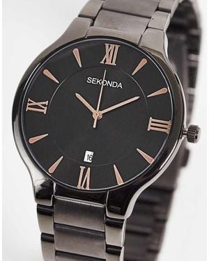 Sekonda Wilson 39Mm Analogue Watch With Gun Metal Alloy Round Case, Gun Metal Stainless Steel Bracelet And Dial - Black