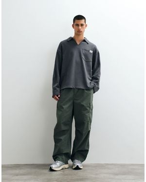 ASOS Oversized Polo With Notch Neck And Woven Tab - Gray