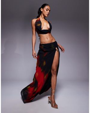 Oh Polly Chiffon Thigh Split Maxi Skirt Co-ord - Black